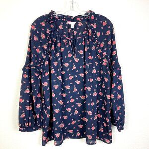 Caslon Women's Tie Front Popover Top Size S Blue Pink Floral Roses Career Tunic